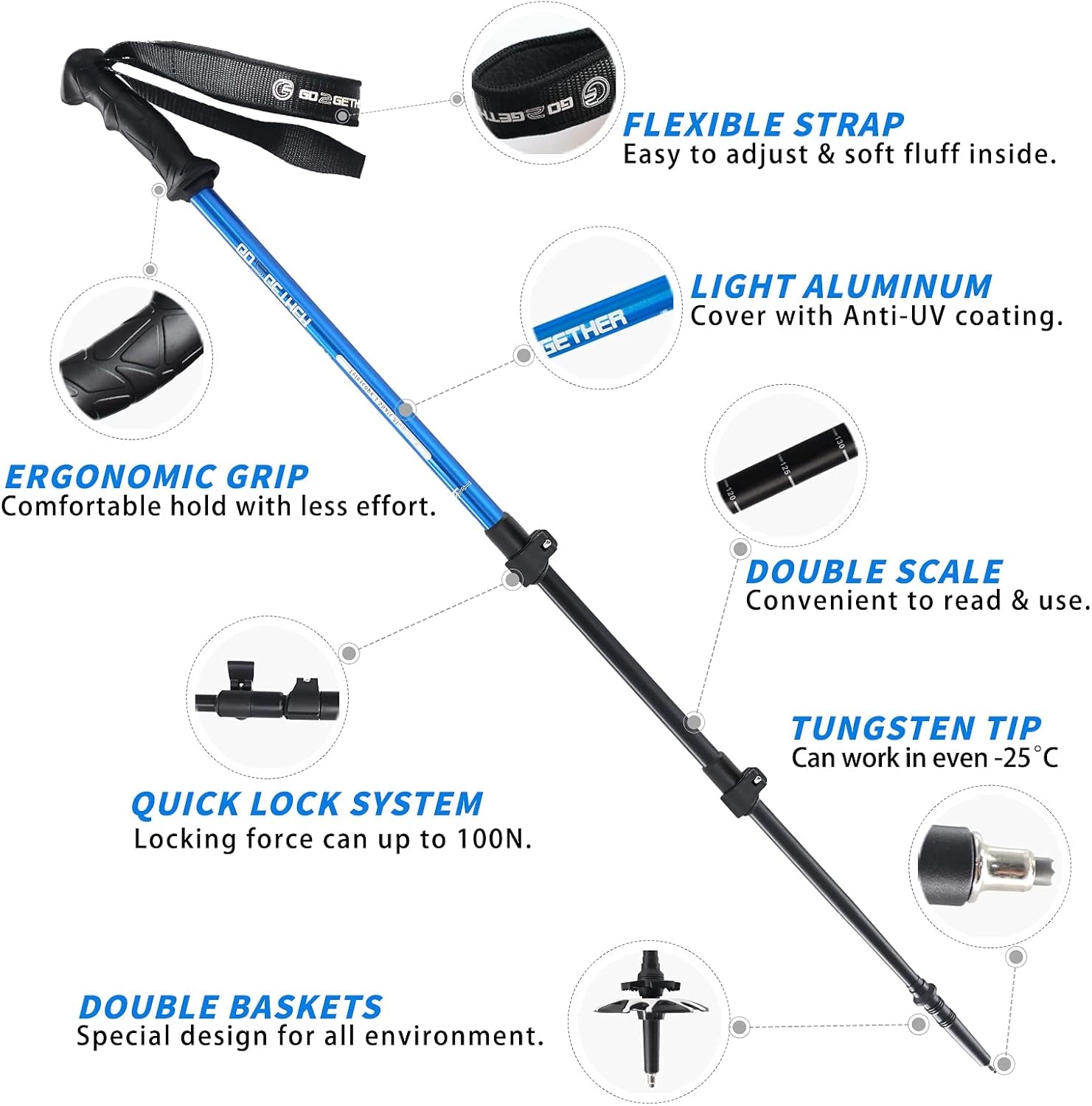 Aluminum Trekking Poles - Quick Adjustable Locks, Comfort Handle, Padded Strap, Snow Baskets - Walking Sticks Suitable for Hiking, Walking