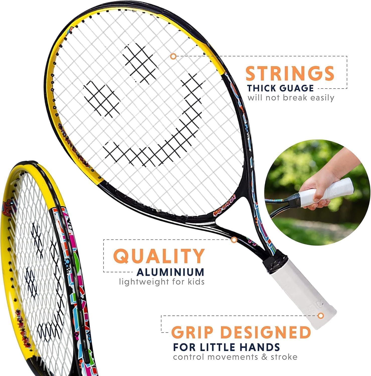 Kids Tennis Racket with Training Videos – Aluminum Youth Tennis Racket with Neoprene Handle for Children Age 5-12 – Learn Faster and Play Better by