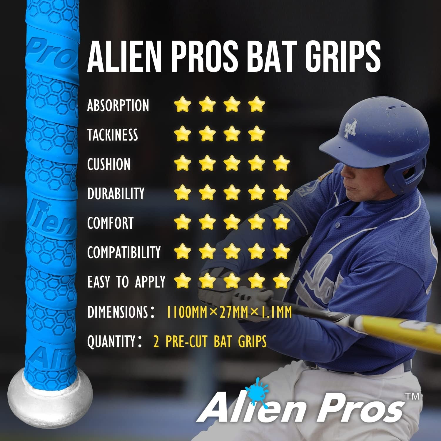 Bat Grip Tape for Baseball (2 Grips/4 Grips) – 1.1 Mm Precut and Pro Feel Bat Tape – Replacement for Old Baseball Bat Grip – Wrap Your Bat for an Epic Home Run (2 Grips/4 Grips)